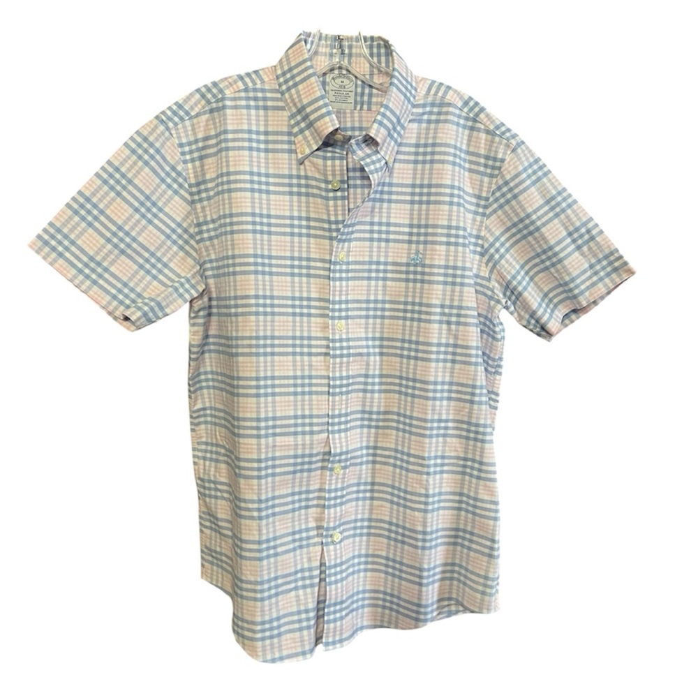 Brooks Brothers 1818 Regent Fit Shirt M Blue Pink Gingham Stretch Cotton